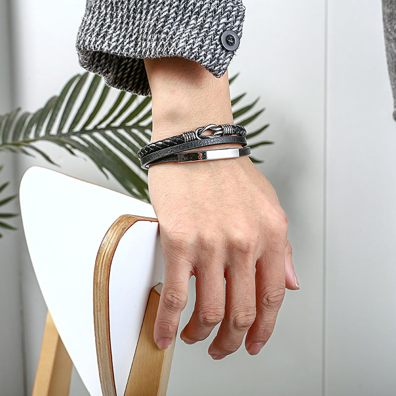 Multilayer Braided Leather Bracelet with Stainless Steel