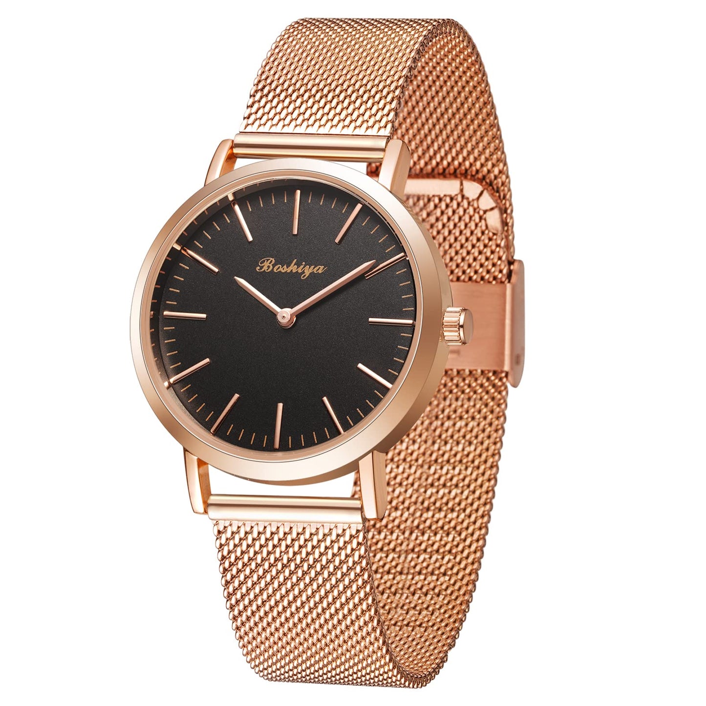 BOSHIYA Womens Stainless Steel Band Watch,Rose Gold Mesh Strap Elegant Dress DesignerMesh Bracelet Ladies Wrist Watches Waterproof with Roman Timescale Dial