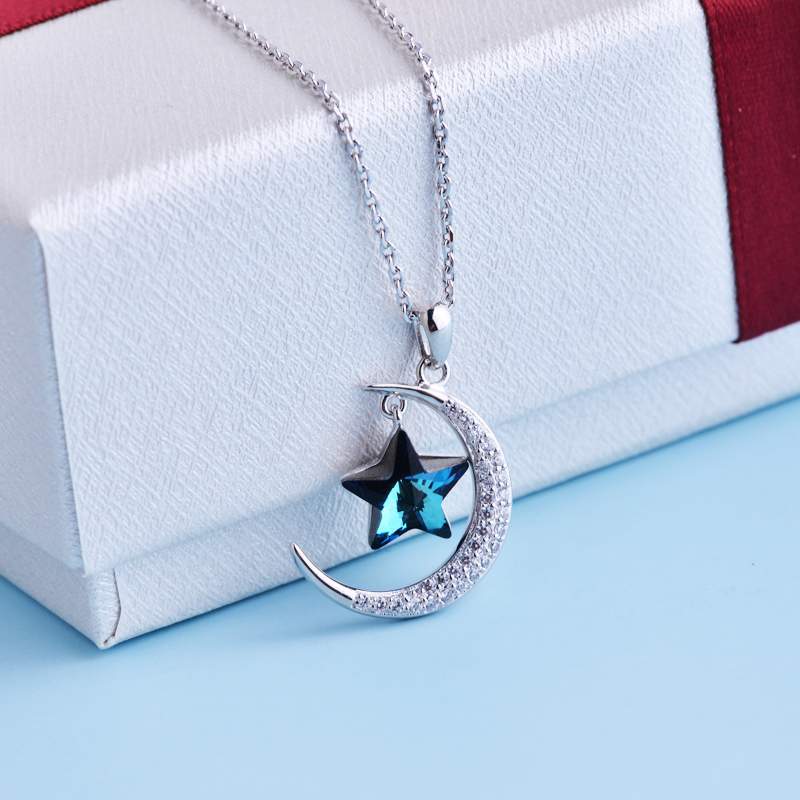 S925 Silver Star Moon Austrian Crystal Pendant Necklace