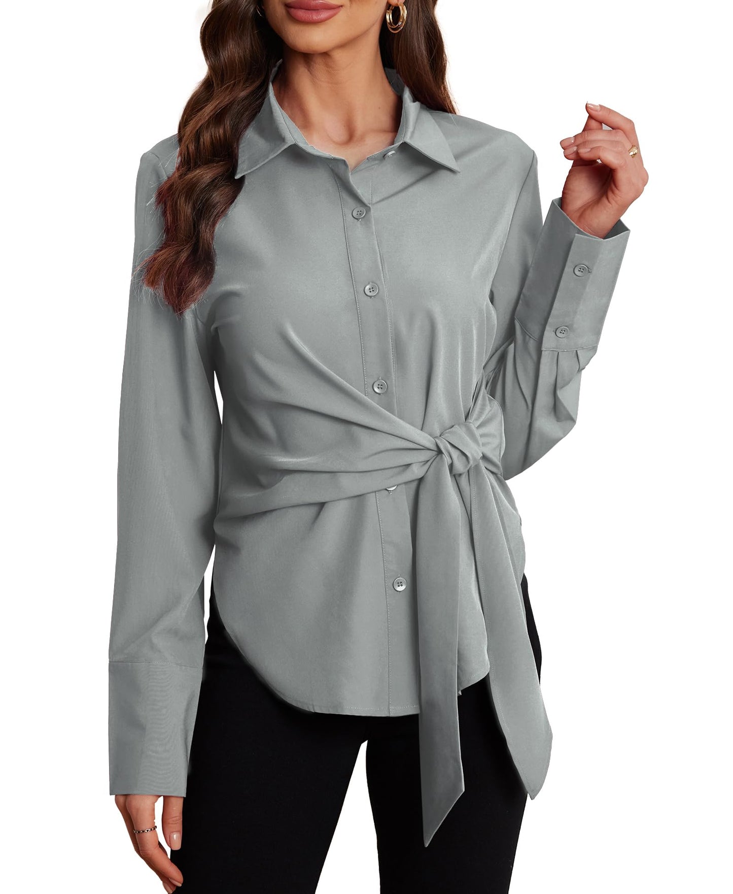 VIDUSSA Button Down Shirts for Women - Long Sleeve Work Blouses Dressy Casual Tops Collared Side Tie Front Shirts Grey Small