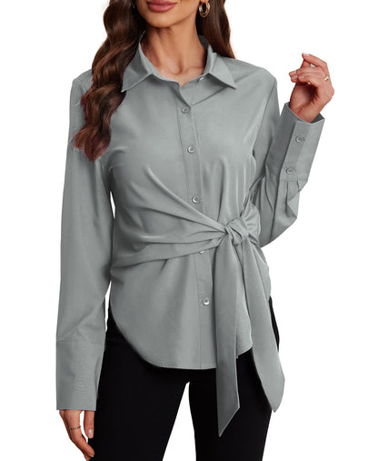 VIDUSSA Button Down Shirts for Women - Long Sleeve Work Blouses Dressy Casual Tops Collared Side Tie Front Shirts Grey Small