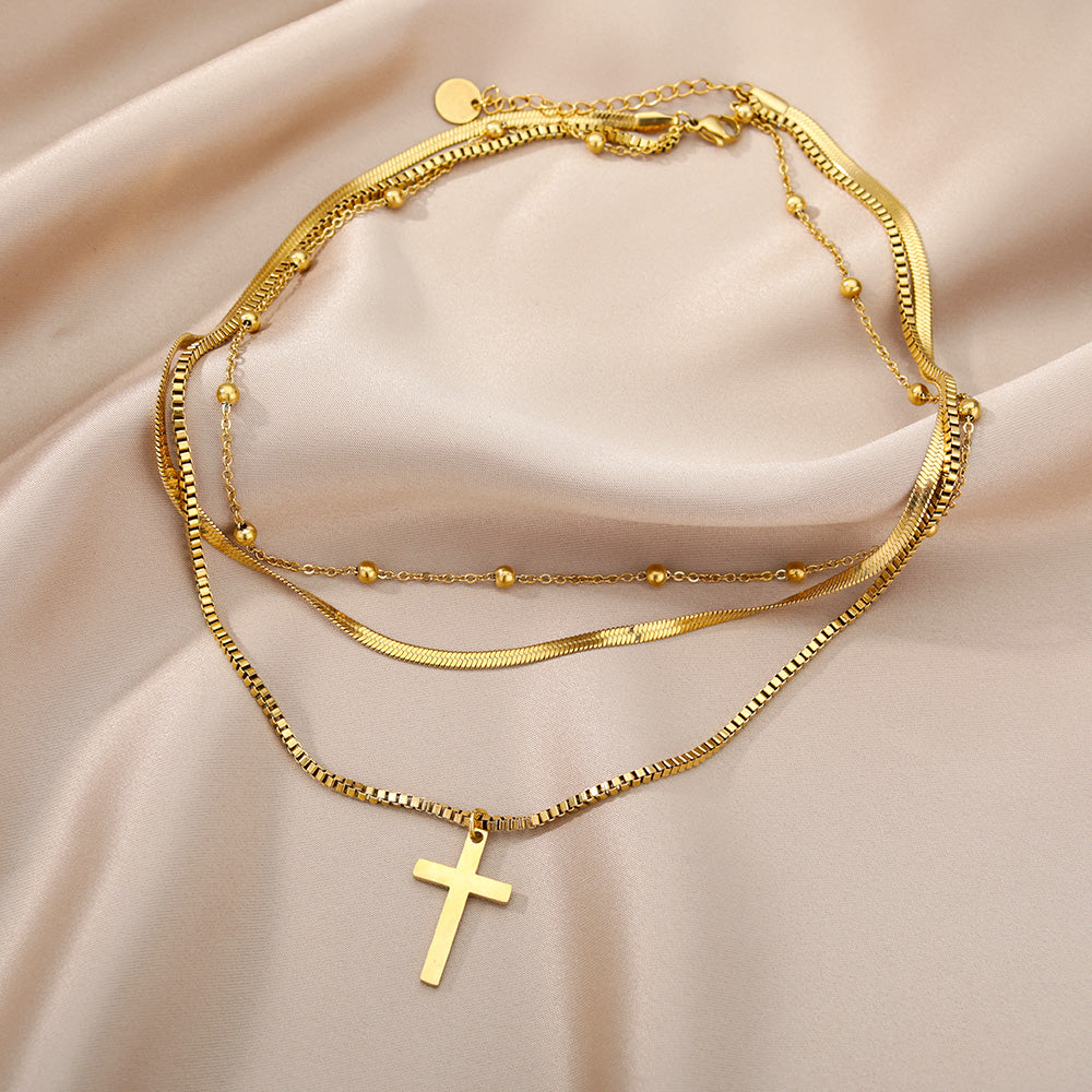 Women's Retro Multi-Layer Cross Necklace in Titanium Steel