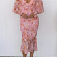 Elastic Waist Long Sleeve V-neck Printed Flounced Skirt Dress