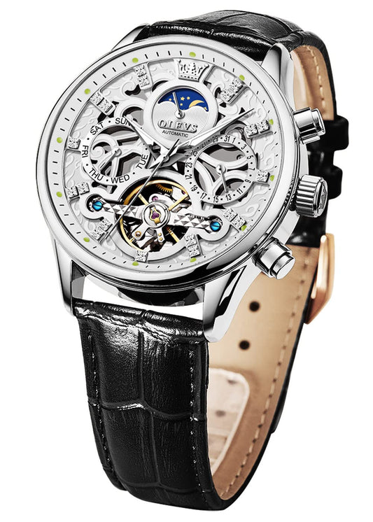 OLEVS Men Skeleton Watch Automatic Mechanical Dress Casual Black Leather Moon Phase Luminous Waterproof Wrist Watches