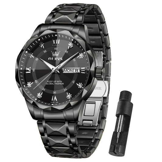 OLEVS Watch for Men Diamond Luxury Dress Classic Analog Big Wrist Large Face Business Fashion Elegant Casual Black Stainless Steel Water Resistant Quartz Men Black Watches