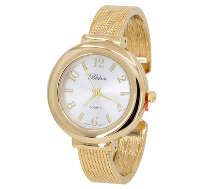 Blekon Original Mother of Pearl Cuff Bracelet Watch for Women with 31mm case Japanese Quartz Movement Metal hinged Bangle Style Cuff Wrist Watch for Ladies (Gold/Mesh)…