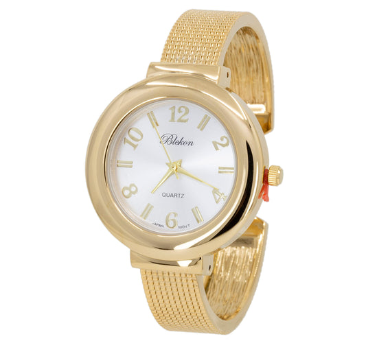 Blekon Original Mother of Pearl Cuff Bracelet Watch for Women with 31mm case Japanese Quartz Movement Metal hinged Bangle Style Cuff Wrist Watch for Ladies (Gold/Mesh)…