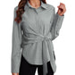 VIDUSSA Button Down Shirts for Women - Long Sleeve Work Blouses Dressy Casual Tops Collared Side Tie Front Shirts Grey Small