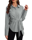 VIDUSSA Button Down Shirts for Women - Long Sleeve Work Blouses Dressy Casual Tops Collared Side Tie Front Shirts Grey Small