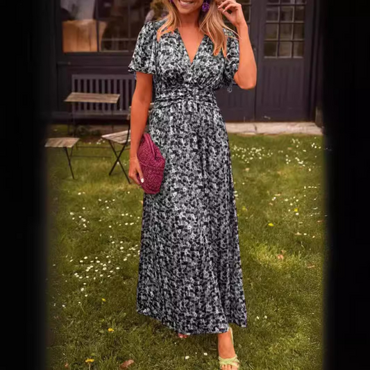 Printed Waist-Cinched V-Neck Dress
