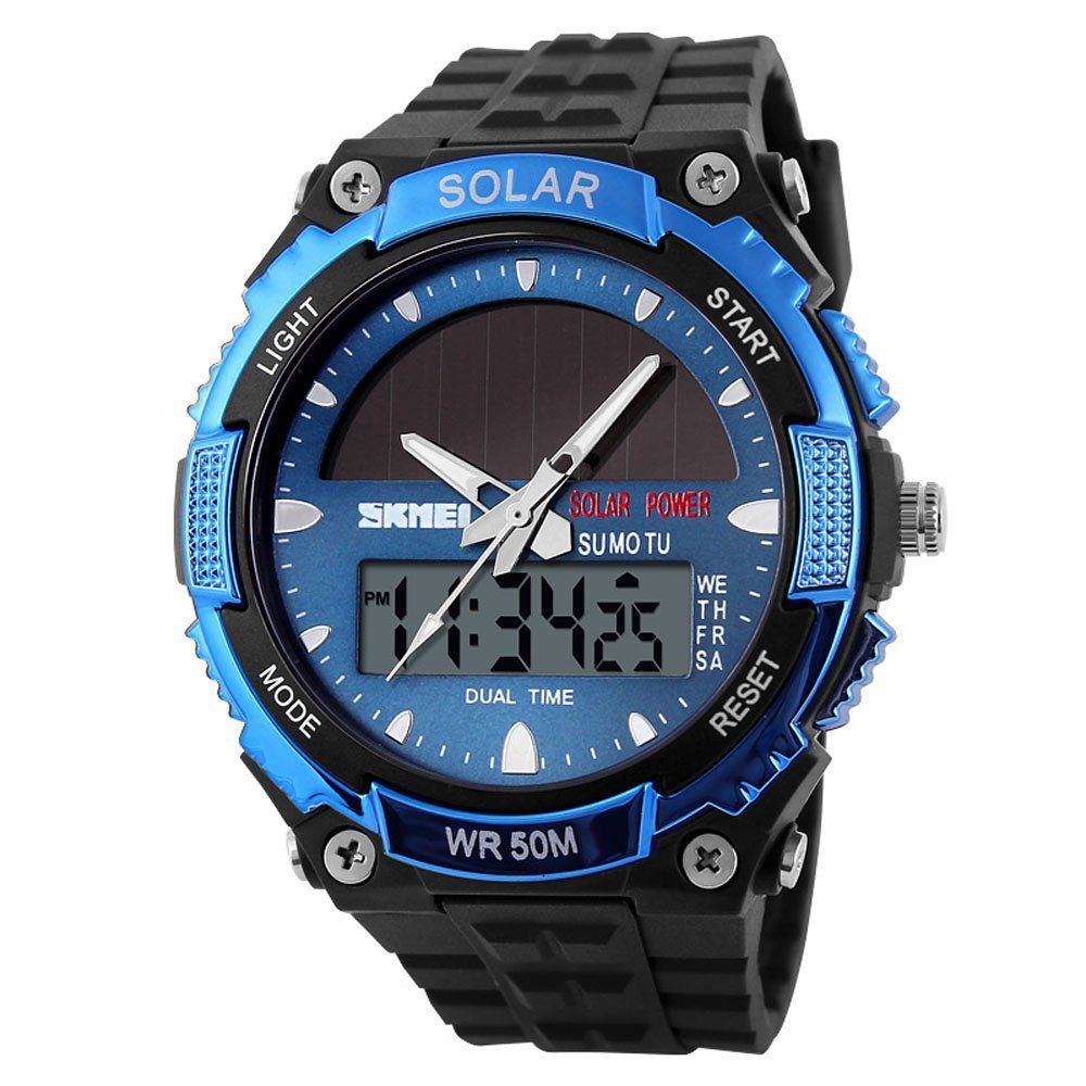 FANMIS Mens Solar Powered Casual Quartz Wrist Watch Analog Digital Multifunctional Black Sports Watch (Blue)