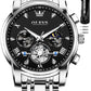 OLEVS Men Black Watch Chronograph Business Dress Analog Quartz Stainless Steel Waterproof Luminous Moon Phase Luxury Casual Wrist Watch Men