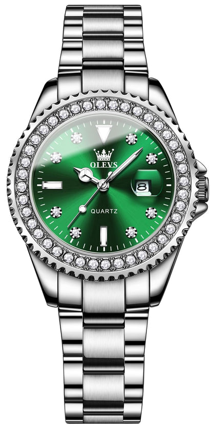 OLEVS Watches for Women Diamond Luxury Dress Silver Wrist Watch Stainless Steel Waterproof Luminous Date