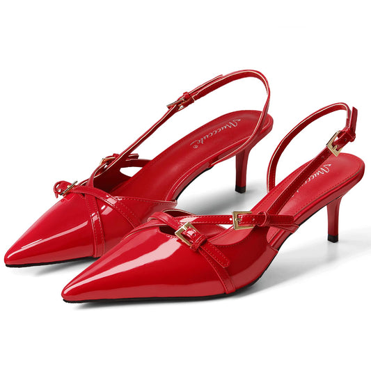 Women Pointed Toe Slingback Low Heels with Buckle Strap