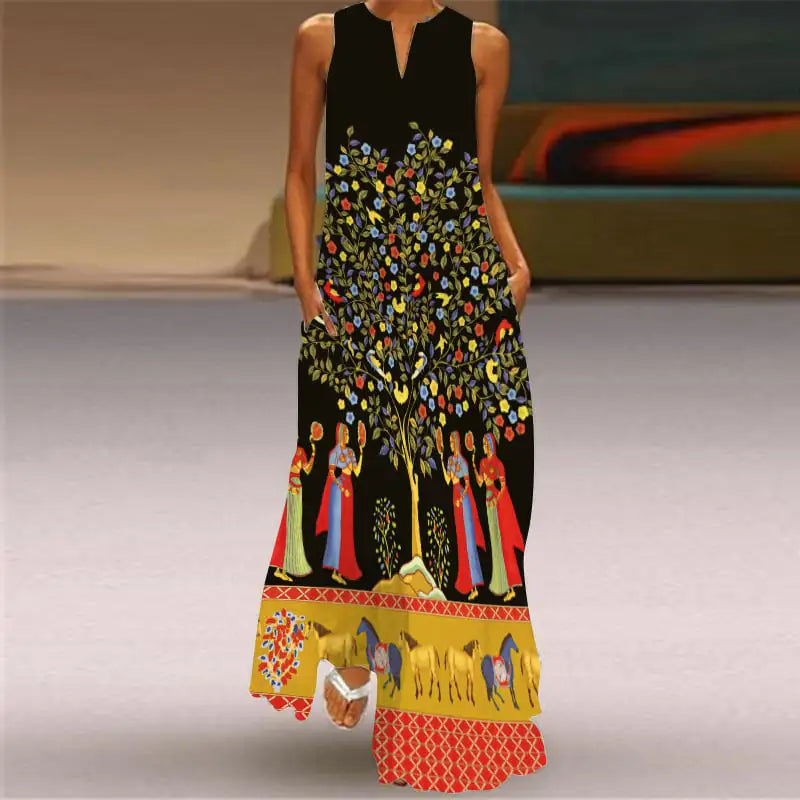 V-Neck Sleeveless Pocket Dress with Digital Print - Glide Goods LLC