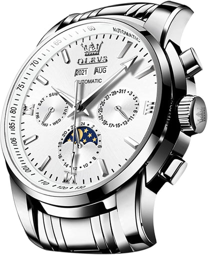 OLEVS Automatic Men Watch Self Winding Mechanical Luxury Dress Moon Phase Stainless Steel Black Watch Waterproof Luminous Calendar Wrist Watch