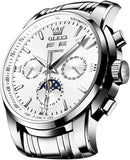OLEVS Automatic Men Watch Self Winding Mechanical Luxury Dress Moon Phase Stainless Steel Black Watch Waterproof Luminous Calendar Wrist Watch