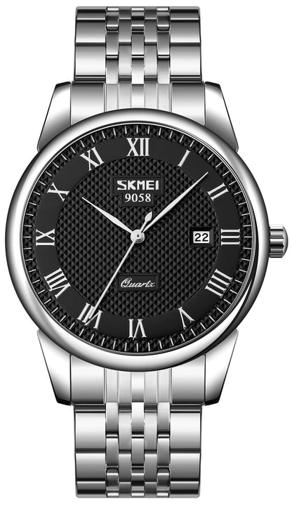 MASTOP Mens Quartz Watch Roman Numeral Business Casual Fashion Analog Wrist Watch Classic Calendar Date Window 30M Waterproof Comfortable Leather Watches (Steel Black)