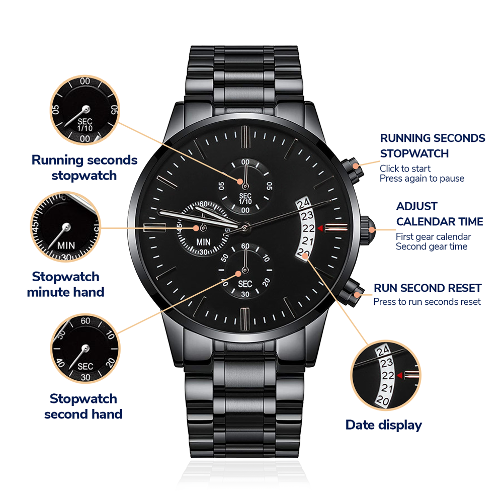 Engraved Design Black Chronograph Watch - Glide Goods LLC