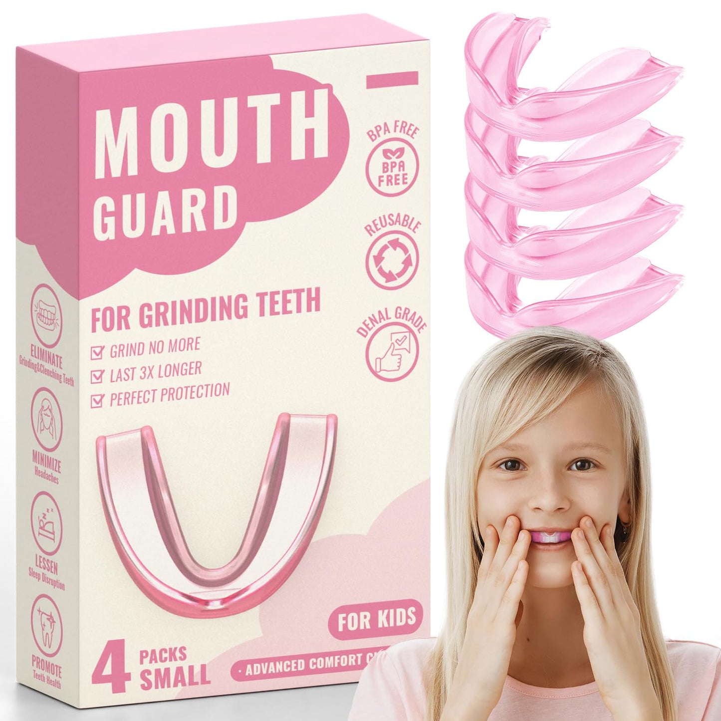 4 Pack Pink Kids Mouth Guard for Teeth GrindingComfortable Kids Night GuardMoldable Child Bite Guard for Clenching Teeth Mouthguard for Kids