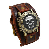 JewelryWe Wide Leather Skull Cuff Watch Vintage Wrist Watch Retro Quartz Wristwatches for Men Women for Halloween