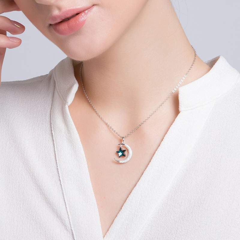 S925 Silver Star Moon Austrian Crystal Pendant Necklace
