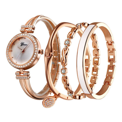 CdyBox Women Crystal Watch with 3 Bracelets Set Quartz Wrist Watches Bangle Jewelry 4pcs/Set for Ladies (Rose Gold White)