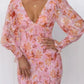 Elastic Waist Long Sleeve V-neck Printed Flounced Skirt Dress