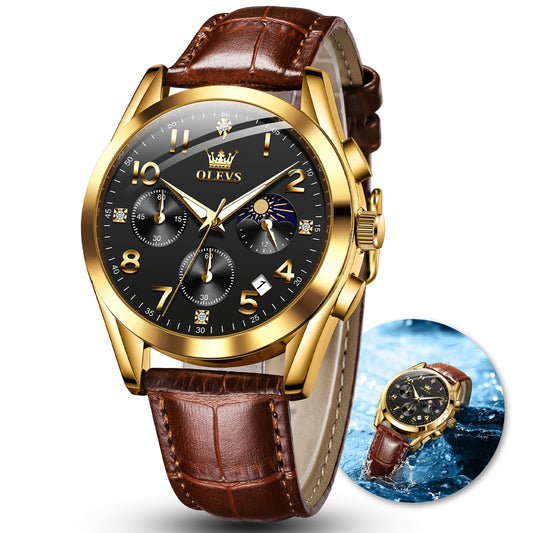 OLEVS Mens Watches with Leather Band Auto Date Quartz Brown Watches for Men Gold Black Dial Mens Chronograph Watch Waterproof Diamond Classic Mens Wrist Watch Reloj De Hombre Arabic Numeral