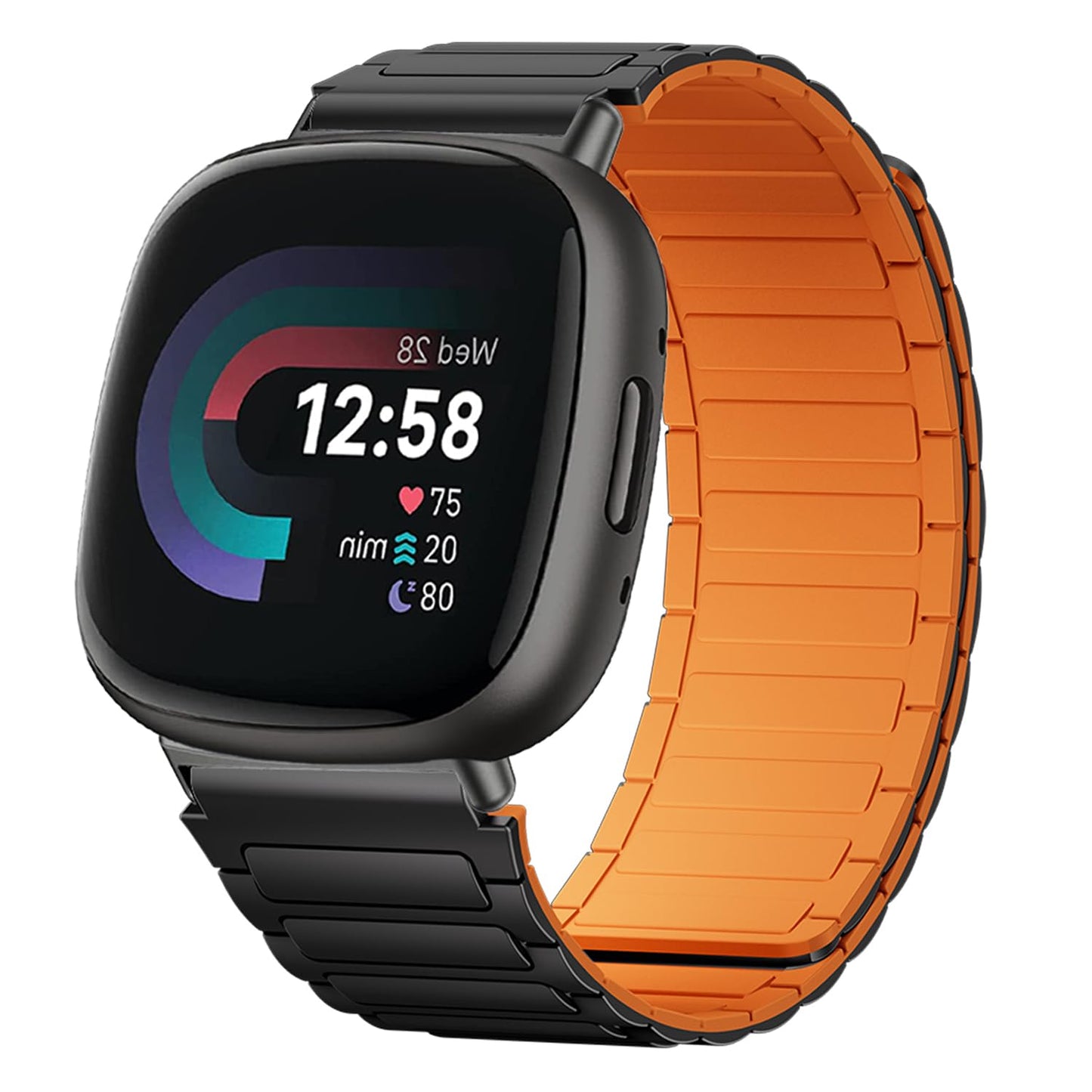Magnetic Watch Band Compatible with Fitbit Versa 4/Versa 3/Fitbit Sense 2/Sense Band for Women Men Wrist Solo Loop Sport Silicone Strap for Pixel Watch 2/ Pixel Watch Accessories (Black-Orange)