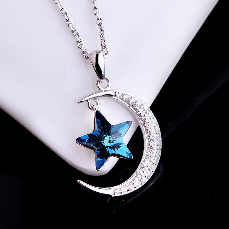 S925 Silver Star Moon Austrian Crystal Pendant Necklace