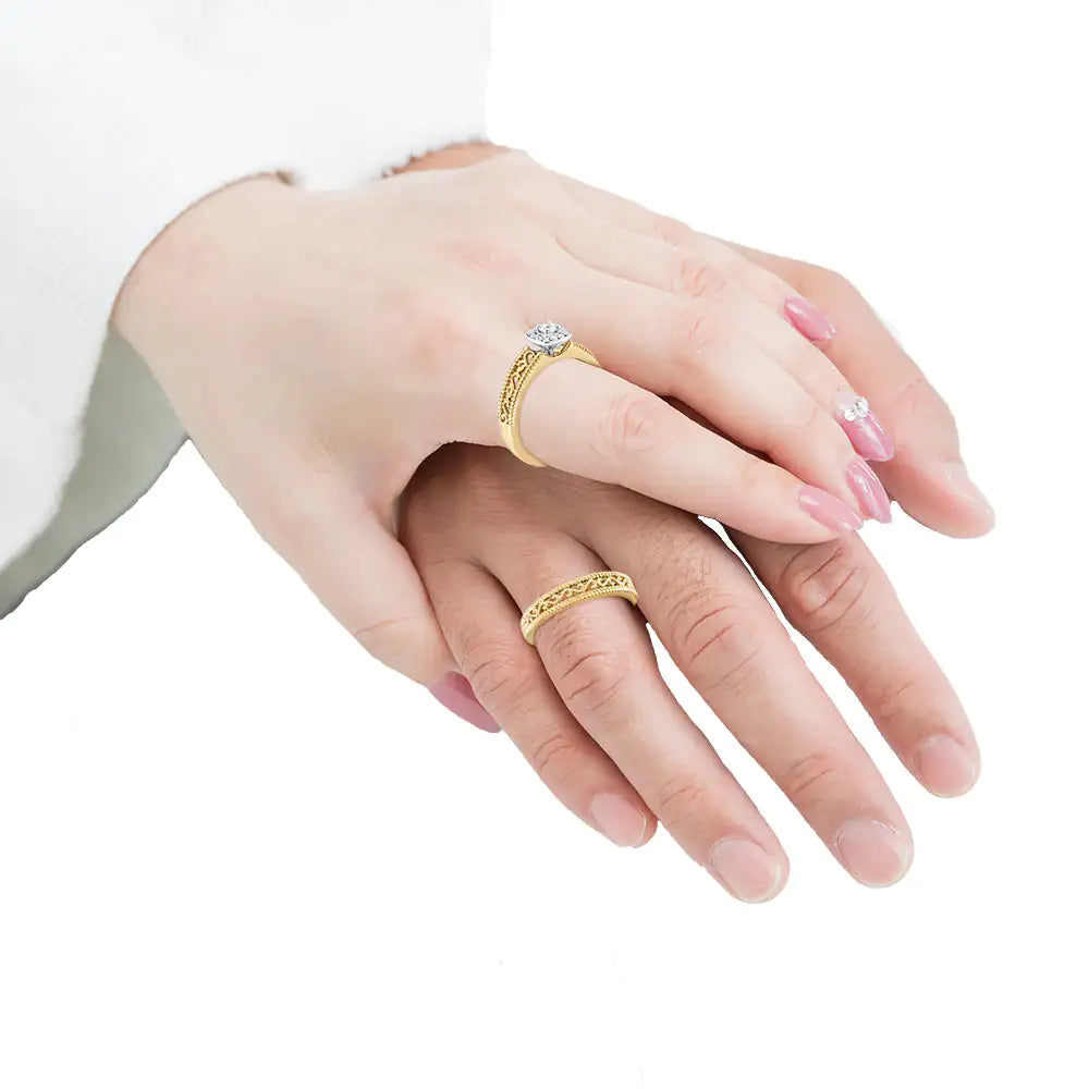 14K Yellow Gold Plated .925 Sterling Silver 1/5 Cttw Diamond Halo and Milgrain Finish Engagement Ring Bridal Set (I-J Color I3 Clarity) - Glide Goods LLC
